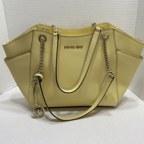 Michael Kors Jet Set Chain Large Shoulder Tote Yellow Saffiano Leather Bag Purse - Picture 2 of 14
